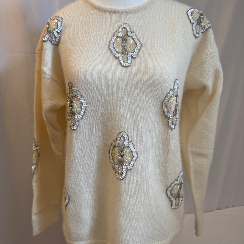 VTG Horchow Sequin Beaded Wool Angora Sweater Ivory Cream 80s Glam Coquette M